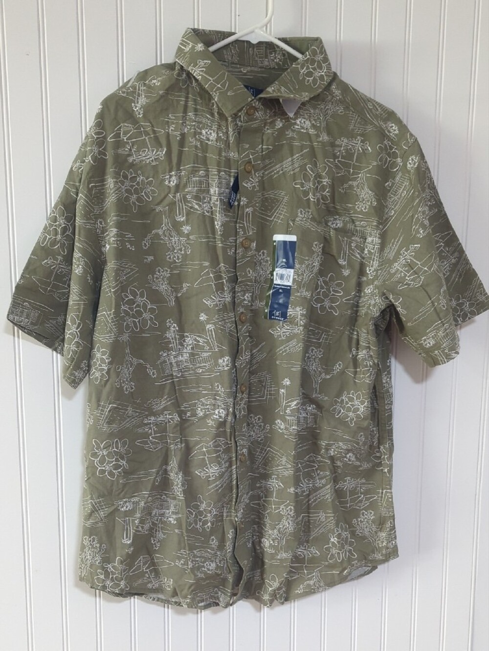 George Olive Green Short-Sleeve Button-Down Shirt with White Sketch Print